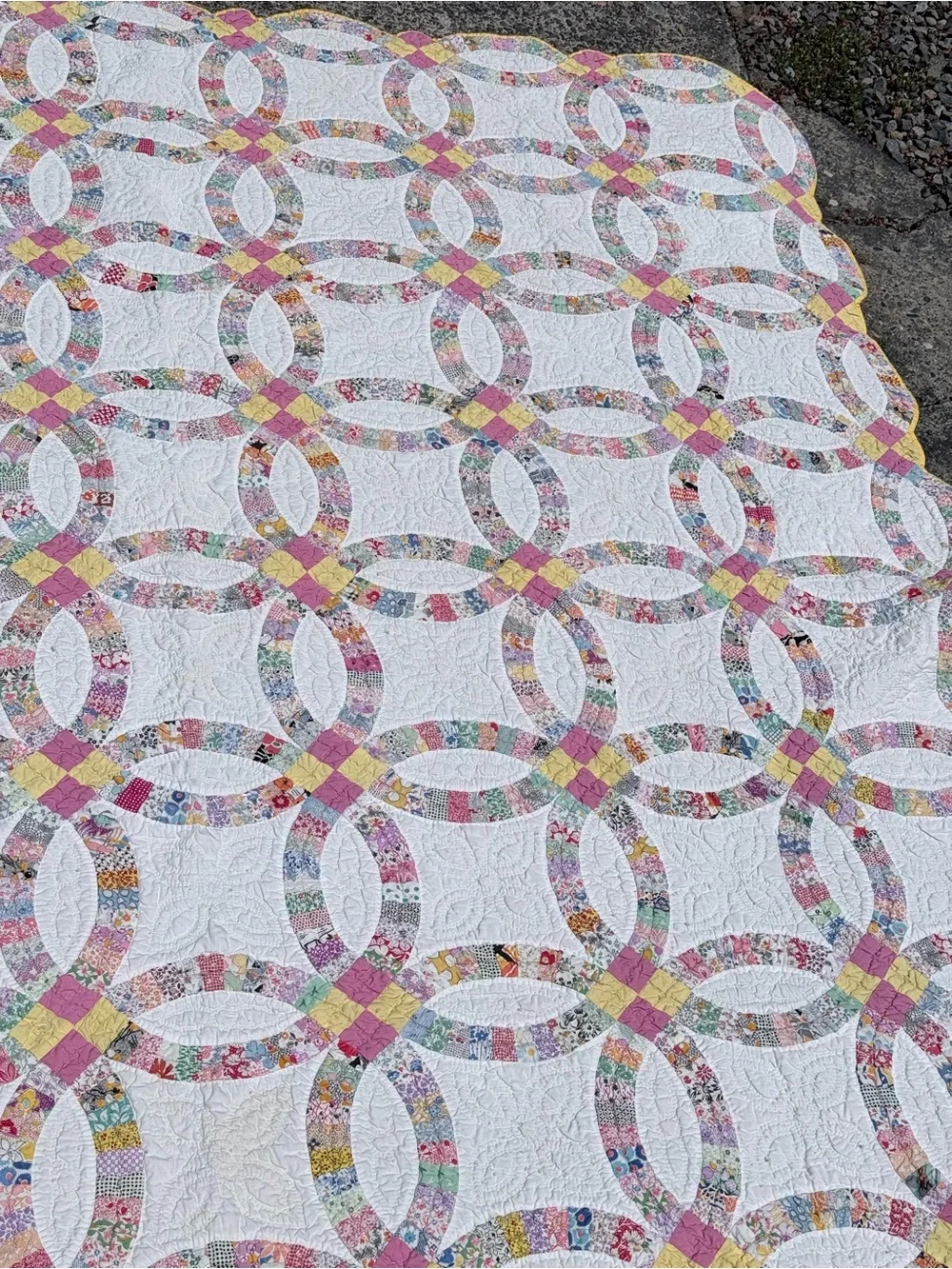 Vintage Company Store Dbl Wedding Ring Quilt with Pastel Patchwork 73x82 Queen